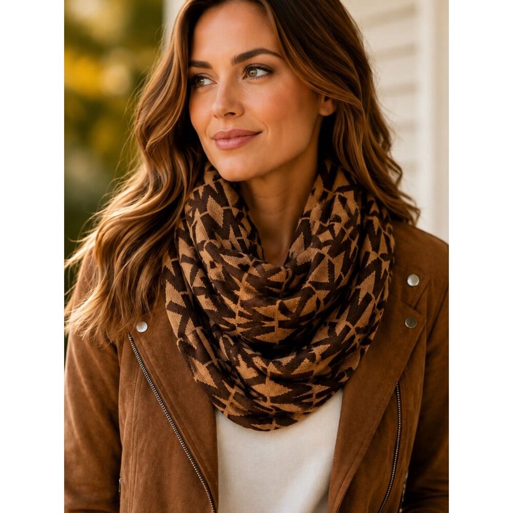 Michael Kors Camel Brown MK Logo Infinity Scarf Monogram Knit Circle